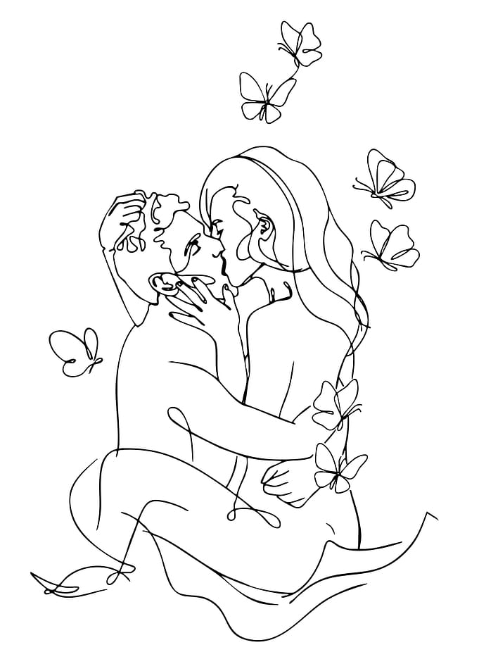 Couple kissing with butterflies