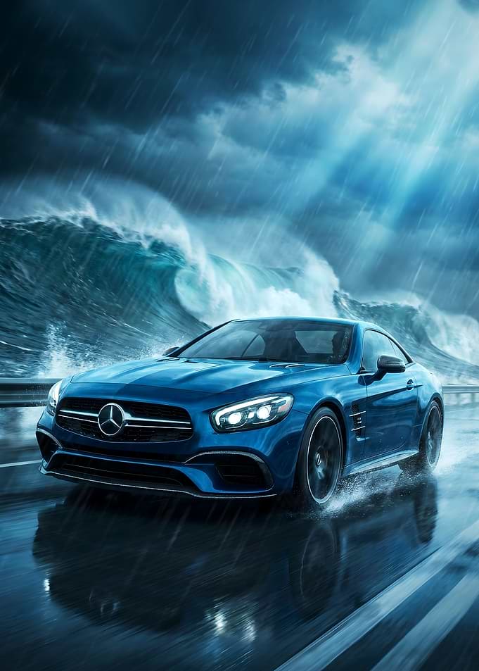 Blue Mercedes Benz SL 63 AMG driving through a storm