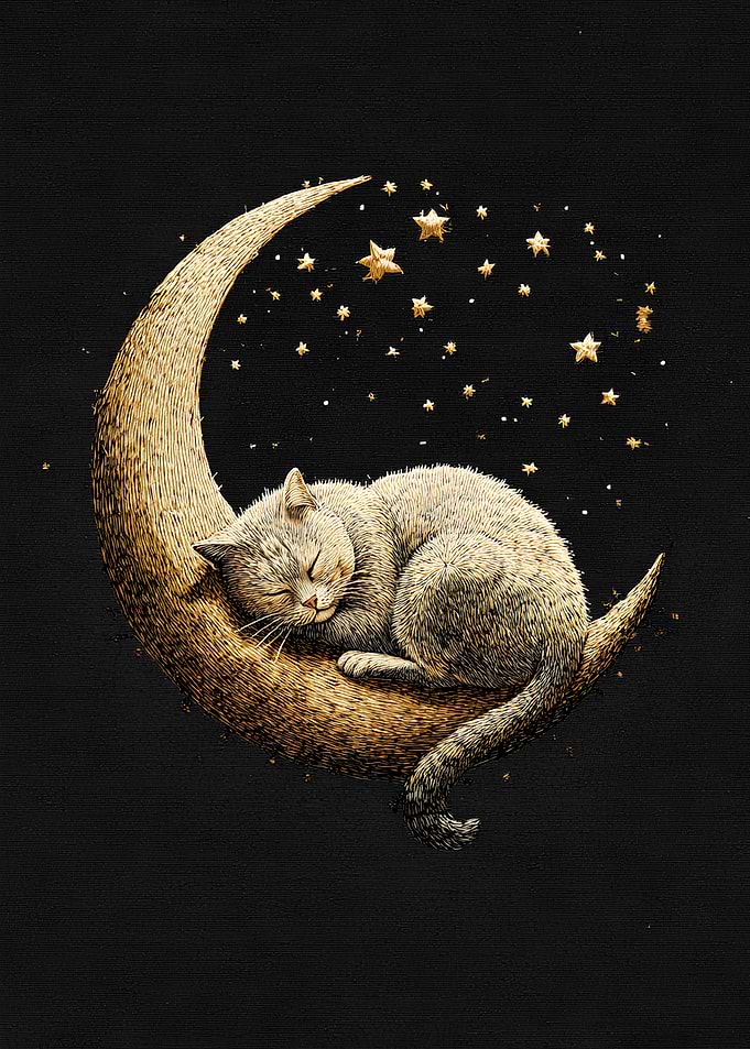 Cat Sleeping on Crescent Moon with Stars