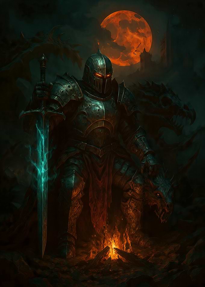 Dark Knight with Glowing Sword and Dragons