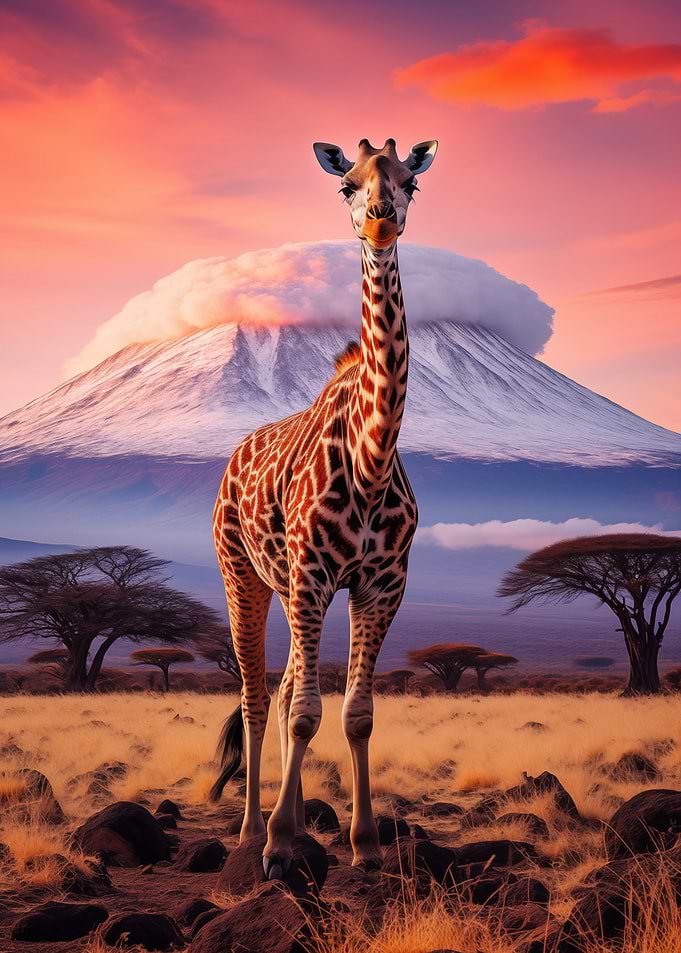 Giraffe in African Savannah at Sunset