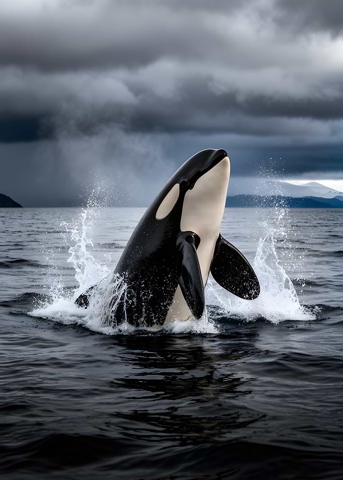 Orca breaching in stormy seas