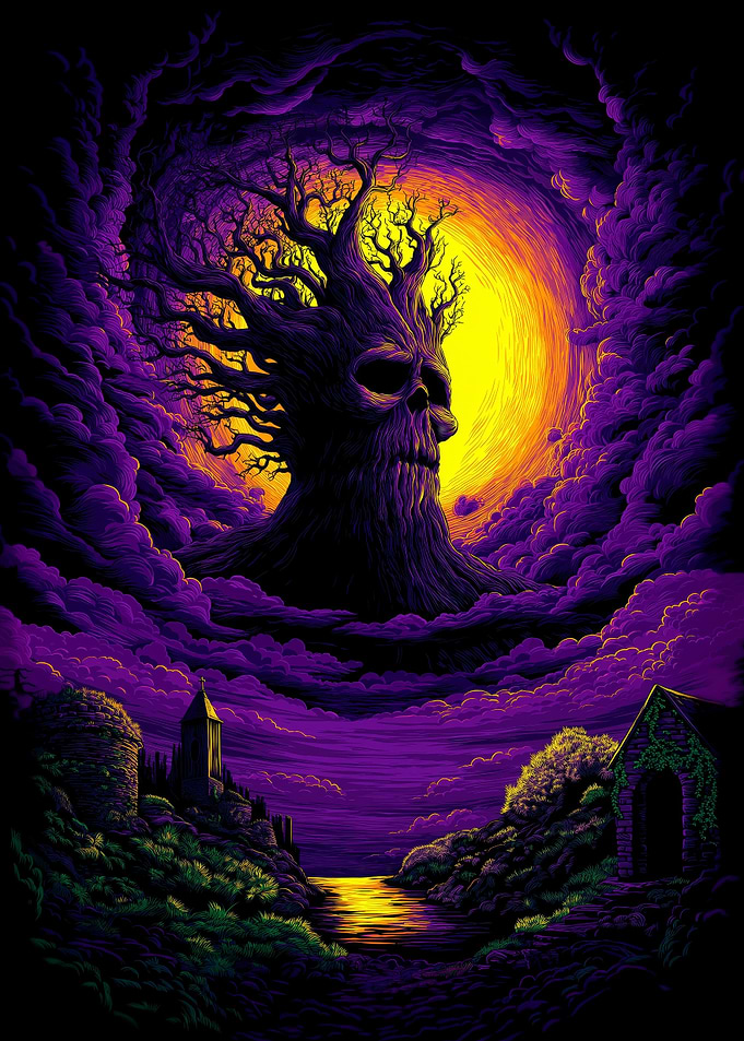 Skull Tree in a Purple and Yellow Sky