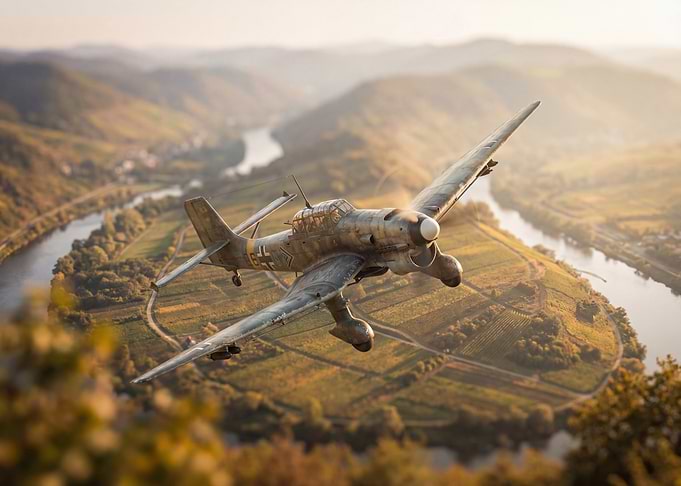 WWII Stuka Dive Bomber Over River Valley