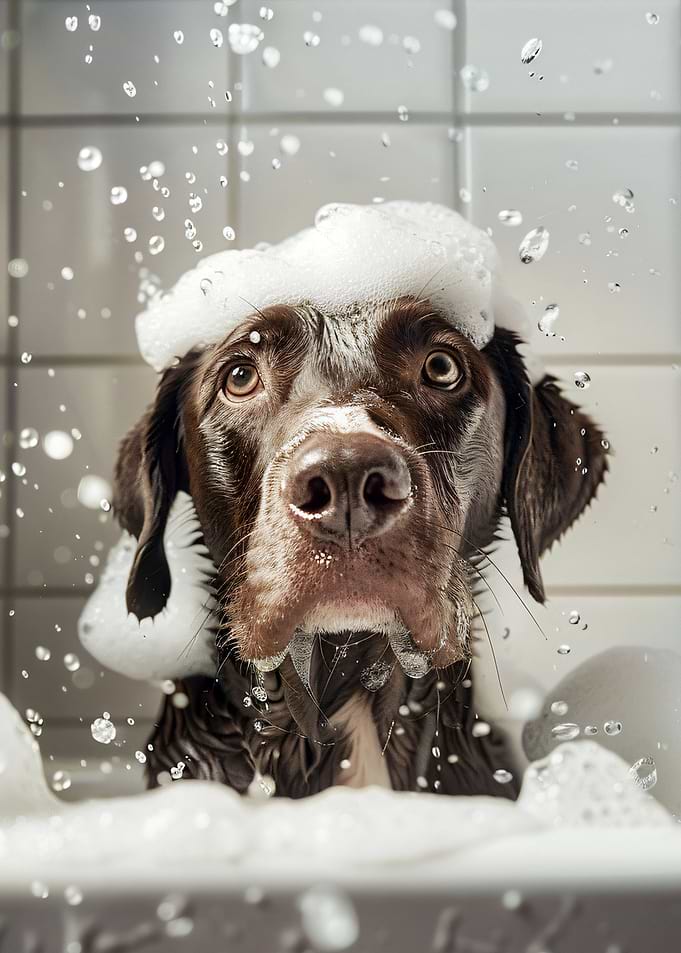 Dog getting a bath with soap