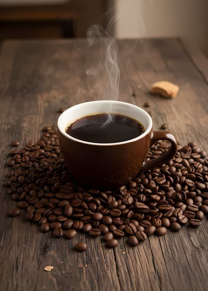 Steaming Coffee Cup with Beans