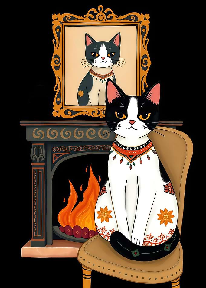 Cat on Chair by the Fireplace