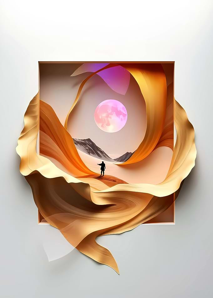 Surreal Desert Landscape with Pink Moon
