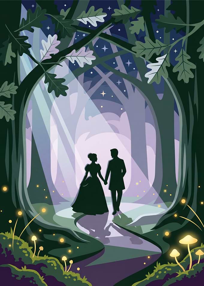 Couple walking in a magical forest