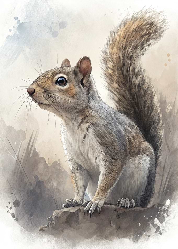 Watercolor Squirrel on a Rock