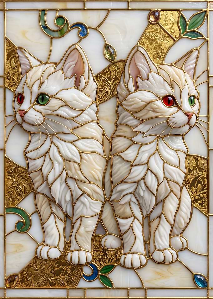 Abstract Golden Twins Cats in Stained Glass