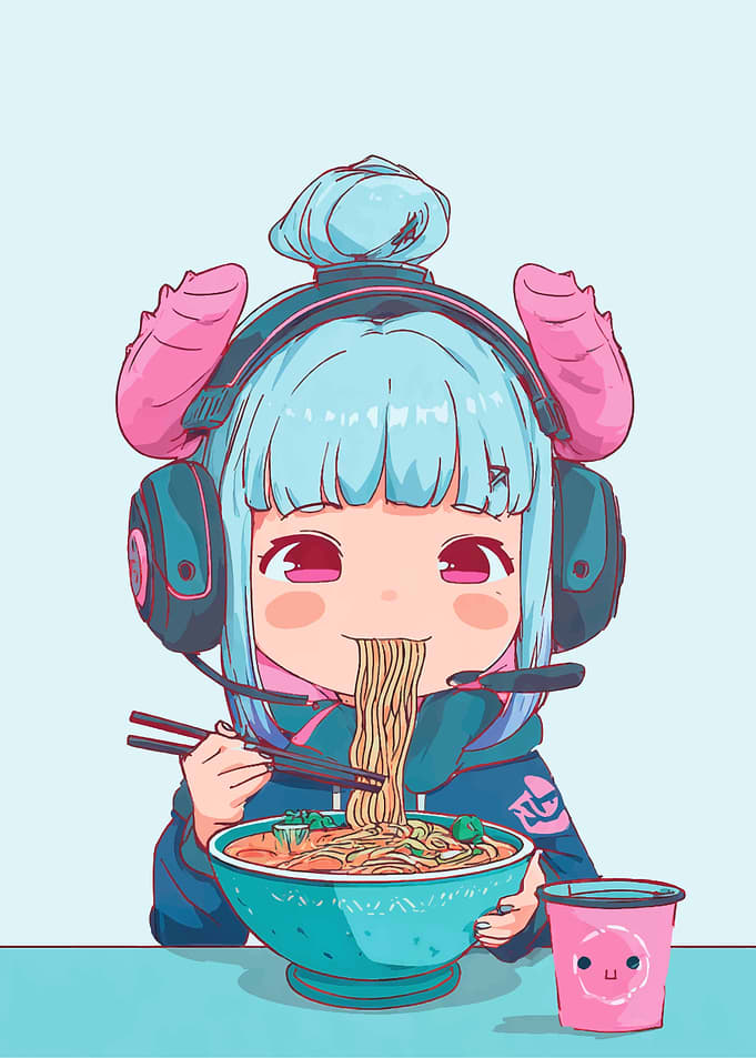 Anime Girl Eating Ramen with Headphones