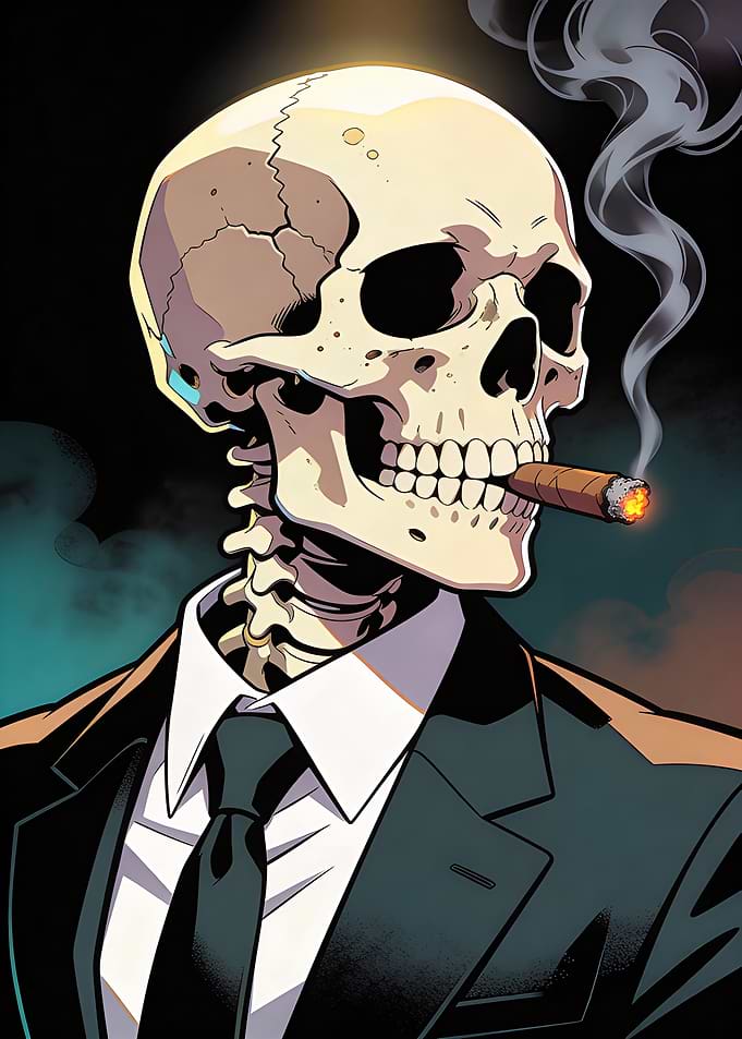 Skeleton in a Suit Smoking a Cigar