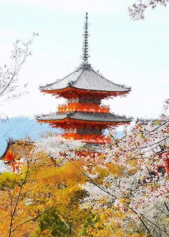 Japanese Pagoda with Cherry Blossoms