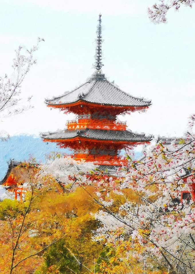 Japanese Pagoda with Cherry Blossoms