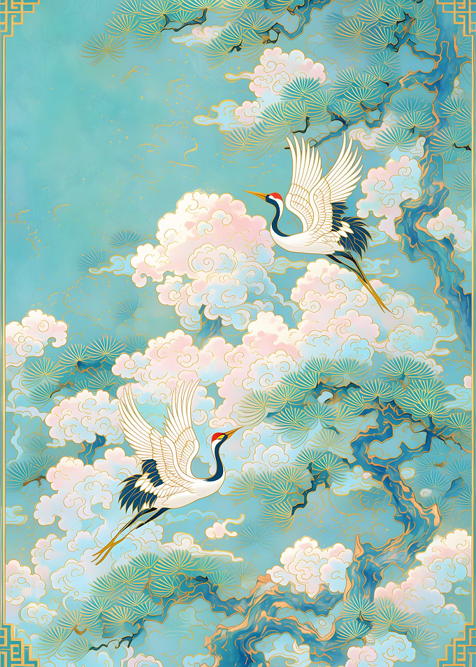 Cranes Flying Among Clouds and Pine Trees