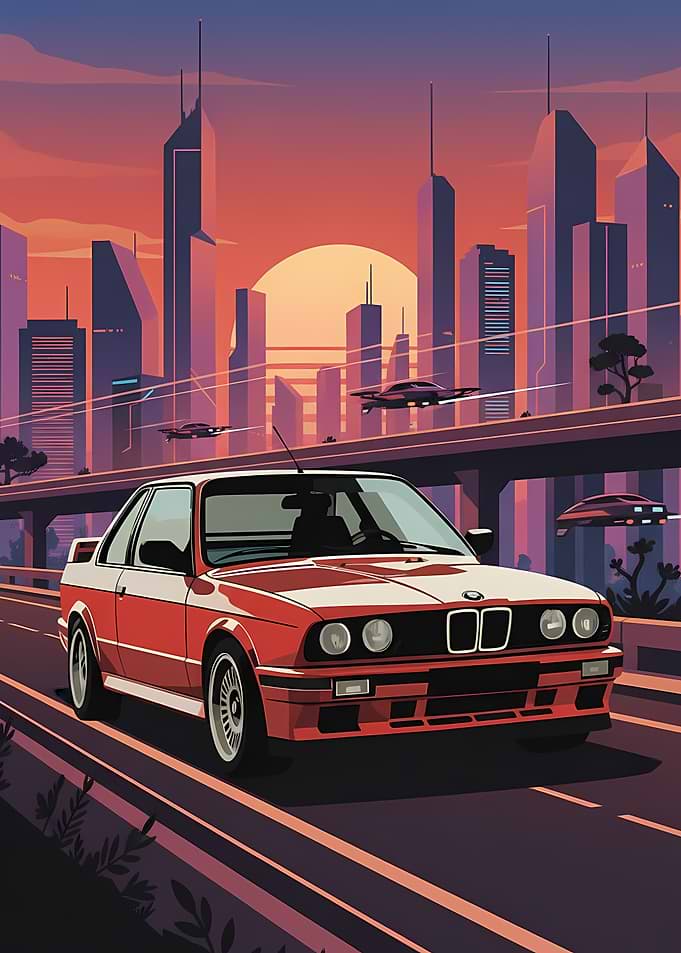 Retro Car in Futuristic Cityscape