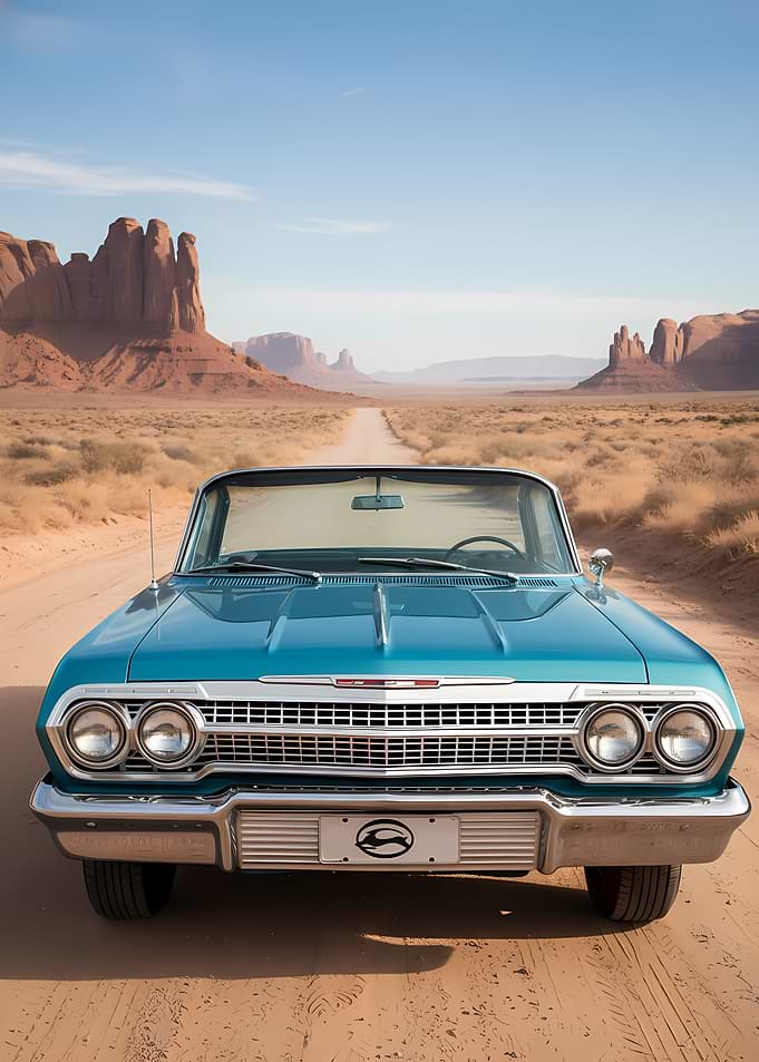 Classic Blue Convertible in Desert Landscape