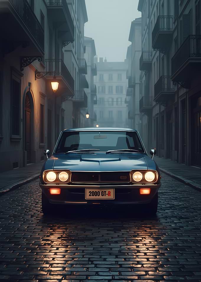 Blue 2000 GT-R on Cobblestone Street