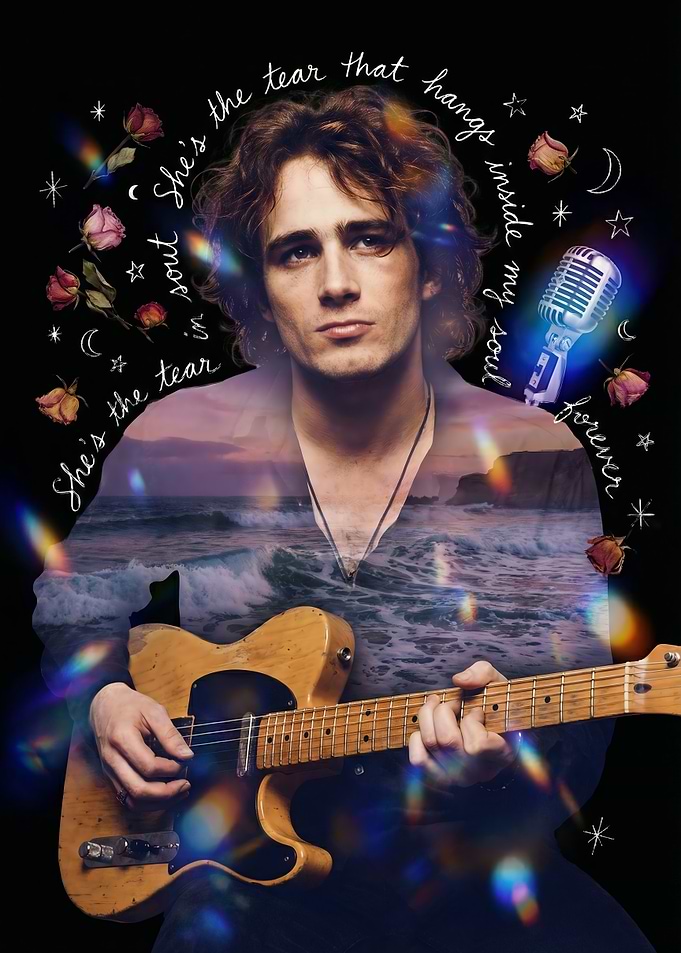 Musician with Guitar and Ocean Overlay
