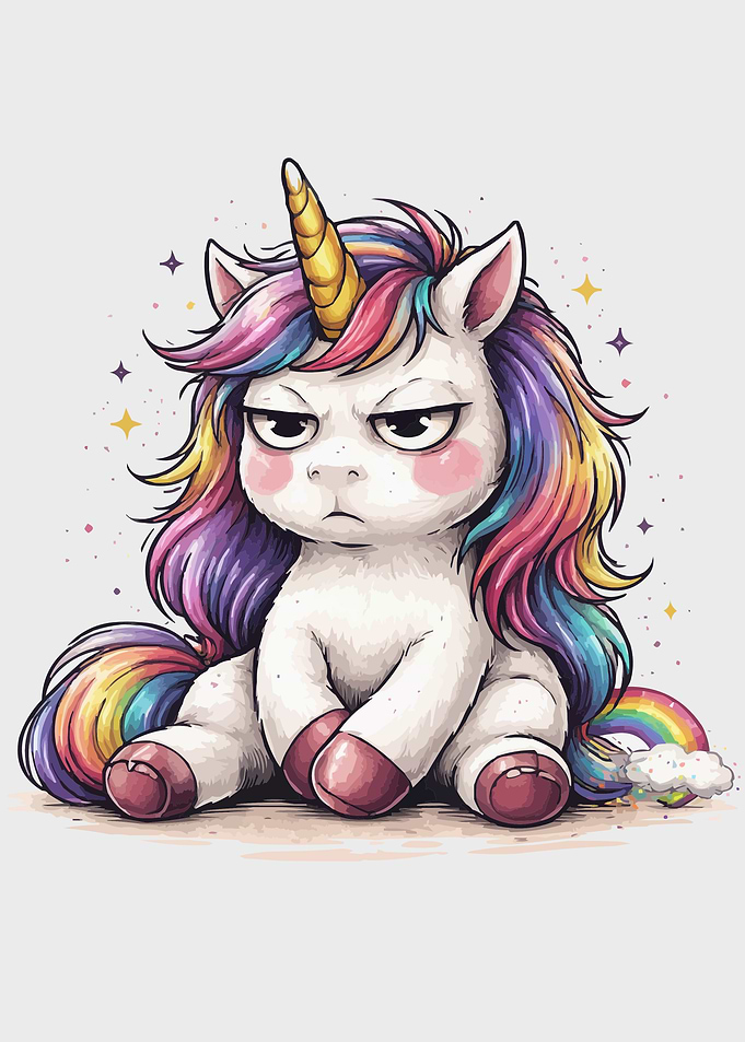 Grumpy Rainbow Unicorn Sitting