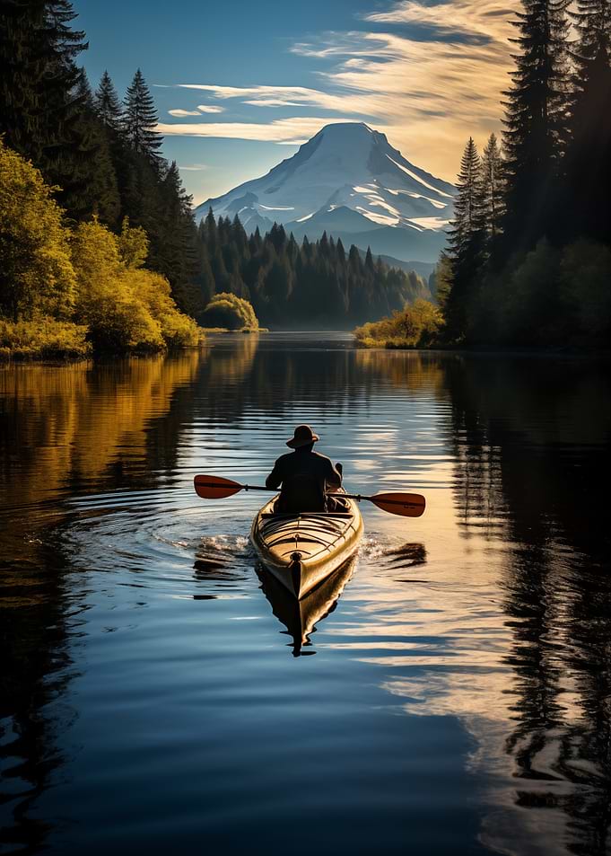 Kayaker on a serene lake with mountain backdrop