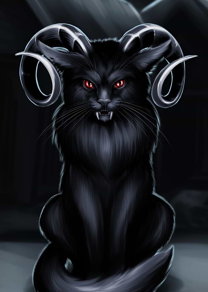 Demonic Black Cat with Ram Horns