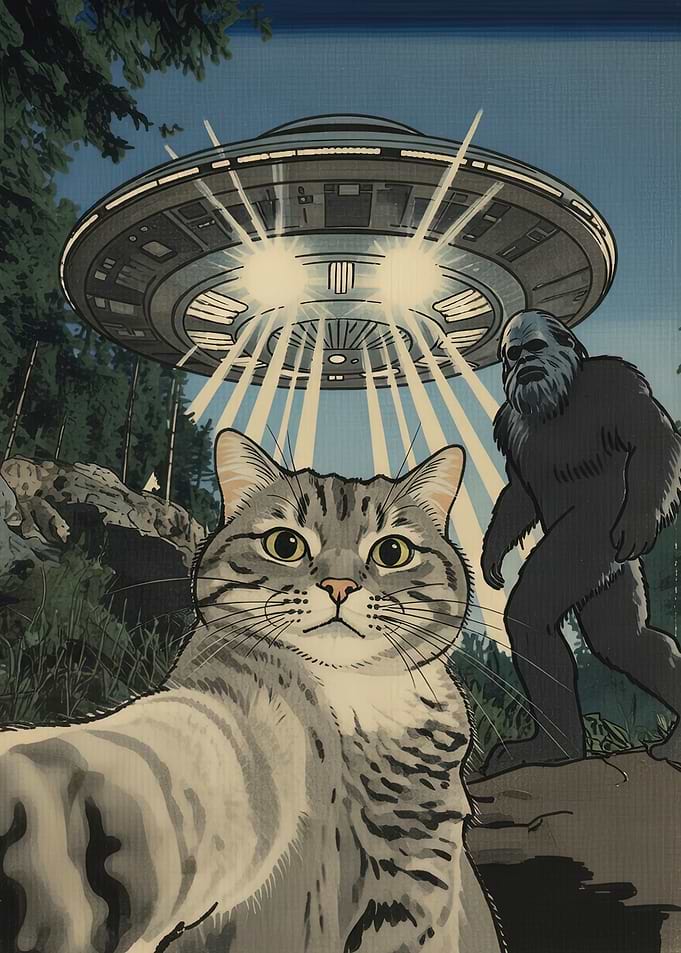 Fat Cat Takes Selfie with Bigfoot and UFO