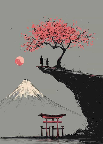 Samurai and Child under Cherry Blossom Tree