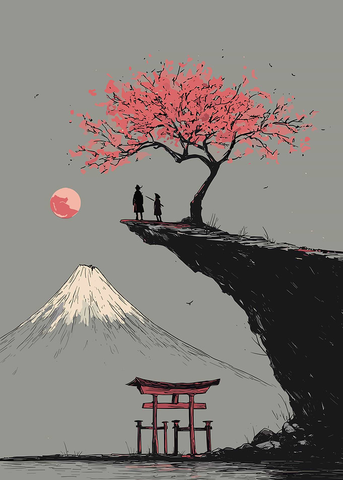 Samurai and Child under Cherry Blossom Tree