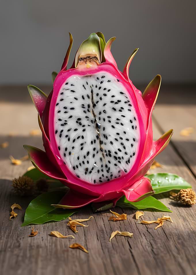 Dragon Fruit Half on Wooden Surface
