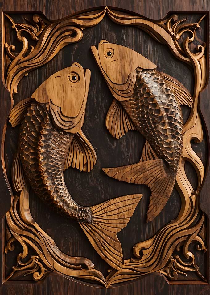 Wooden Carving of Two Koi Fish