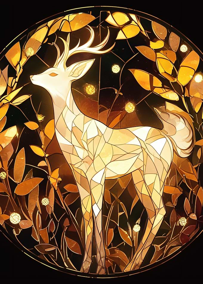 Stained Glass Deer in Autumn Forest