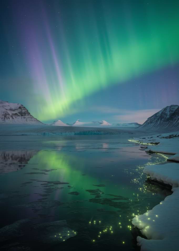 Northern Lights Aurora Borealis over Icy Landscape