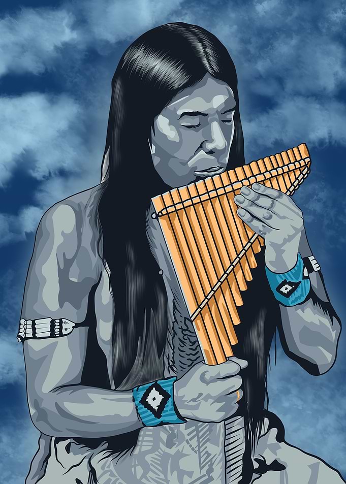 Indigenous person playing panpipes