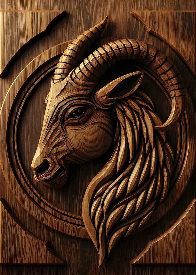 Wooden Carving of a Goat Head