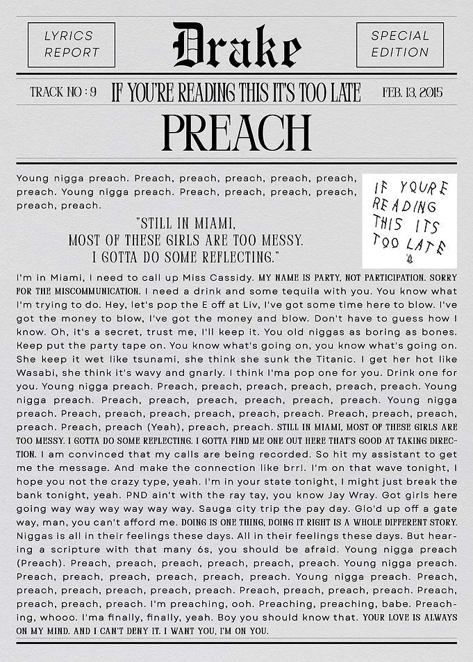 Drake's 'Preach' Lyrics Newspaper