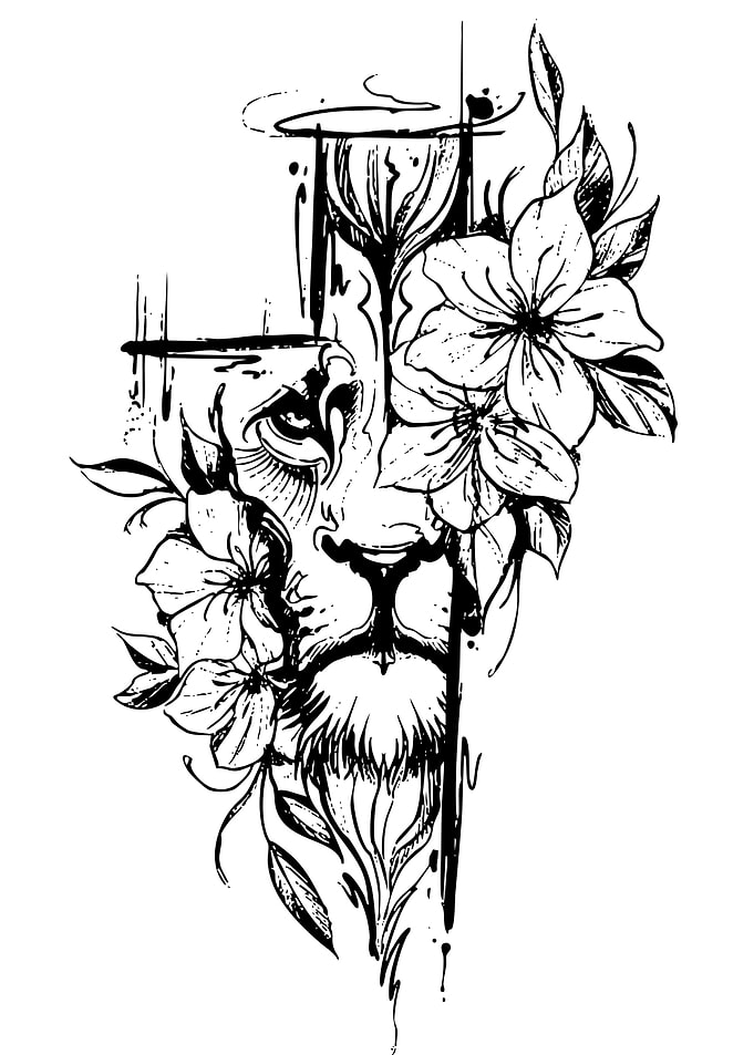 Lion Face with Flowers Tattoo Design
