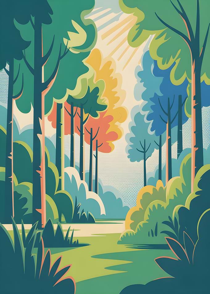 Stylized Forest Path with Sunbeams