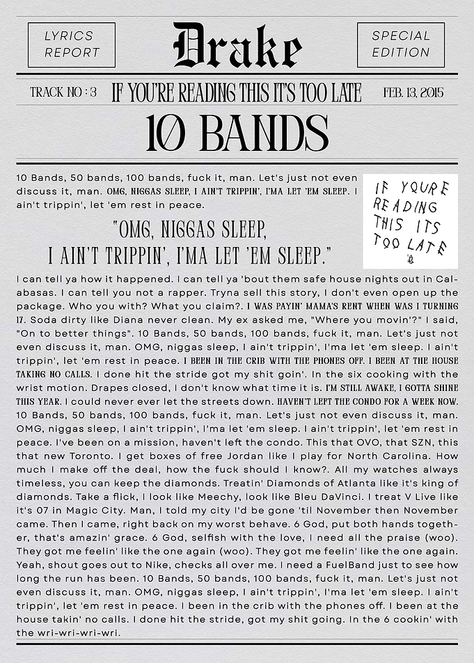 Drake 10 Bands Lyrics Newspaper