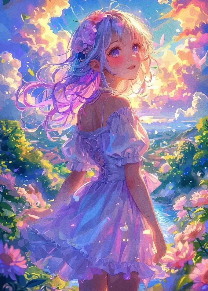 Anime Girl in Floral Landscape