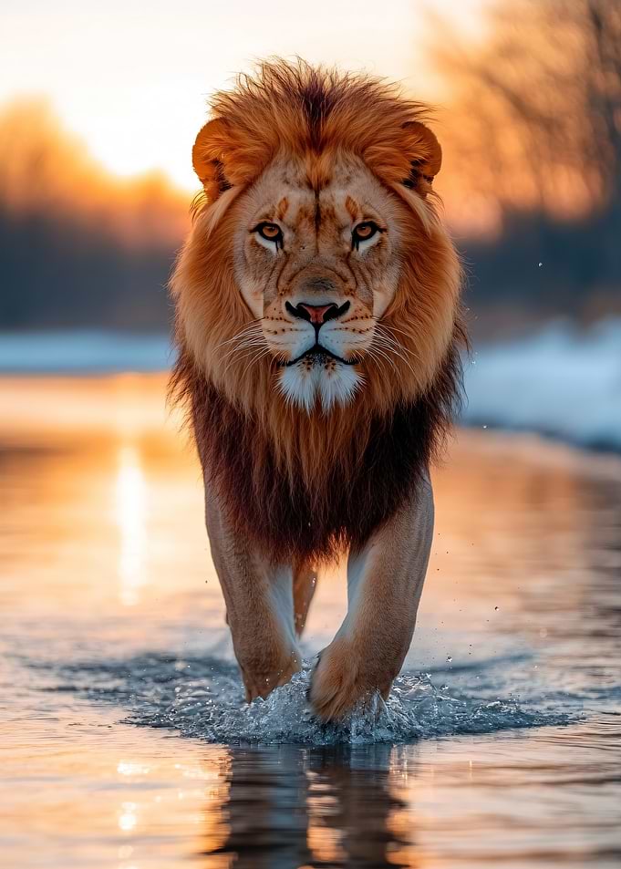 Majestic Lion Walking Through Water at Sunset