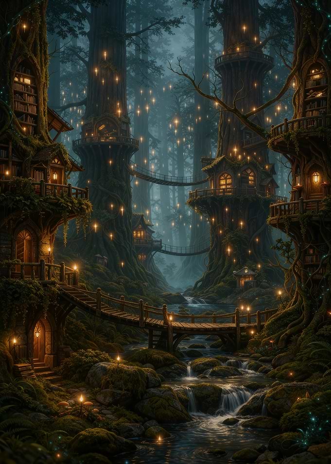 Enchanted Forest Village at Night