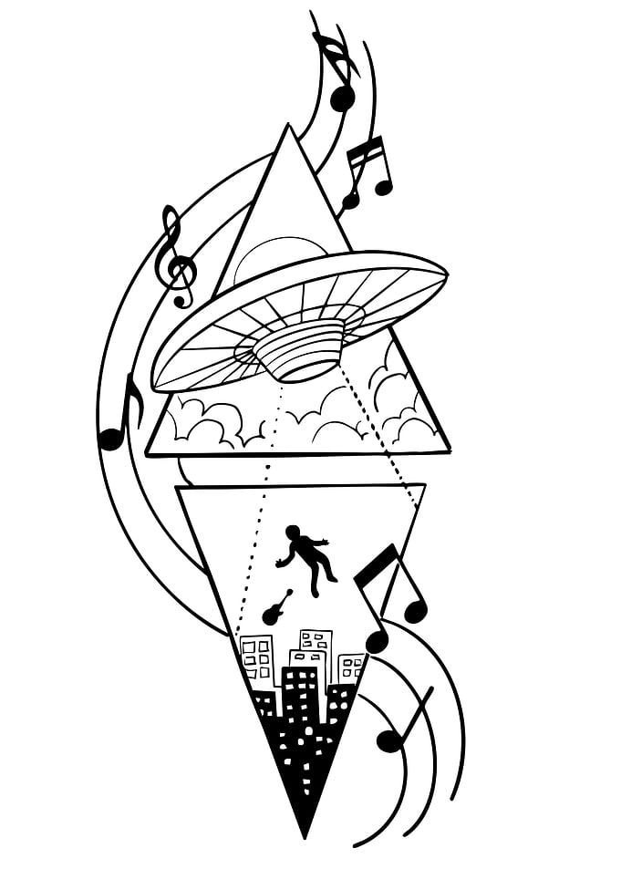 UFO Abduction and Cityscape with Music Notes