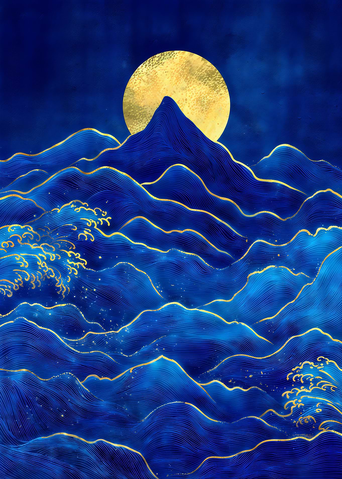 Golden Moon Over Blue Waves