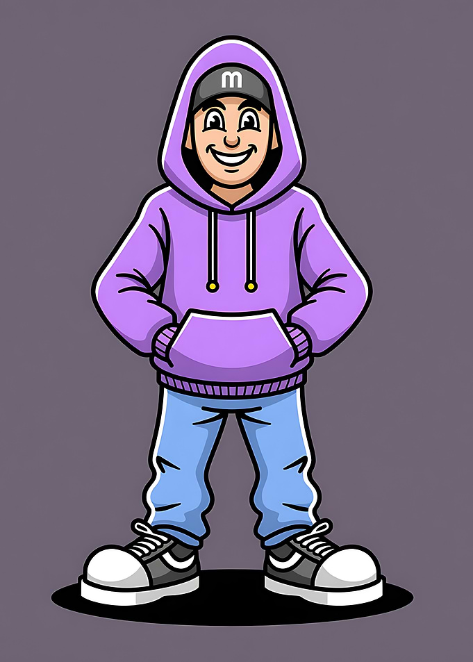 Smiling cartoon boy mascot in purple hoodie, cap, sneakers, full body