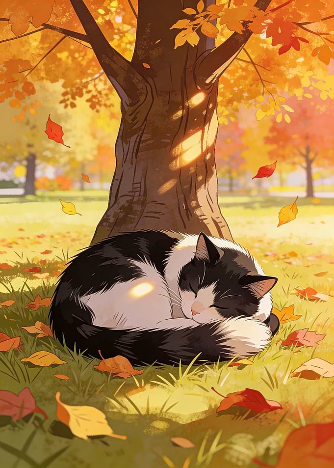 Cat Sleeping Under Autumn Tree