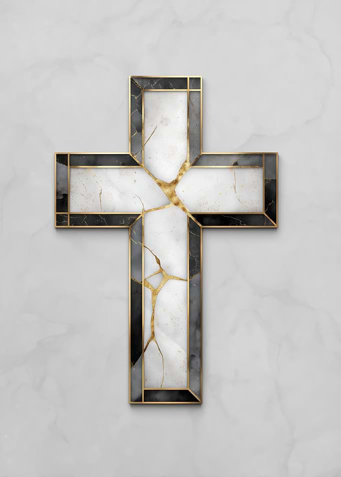 Kintsugi Cross on Marble Background