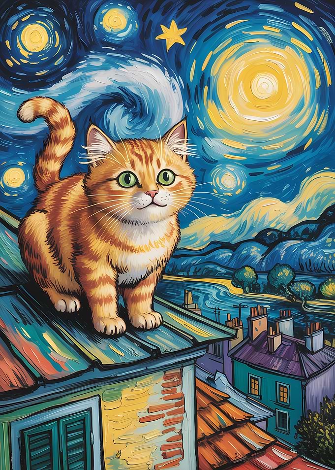 Cat in Van Gogh Style Night Sky