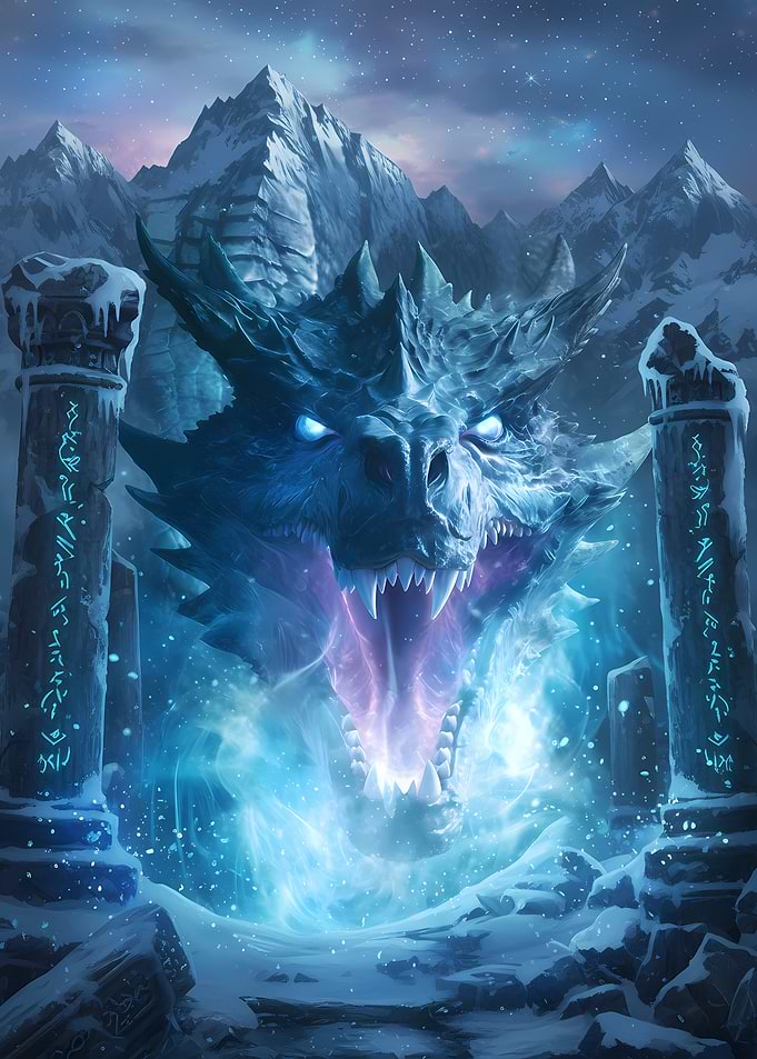 Ice Dragon Roaring in Snowy Mountains
